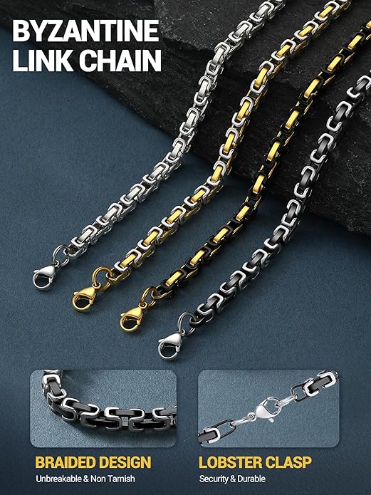 PROSTEEL 4MM/6MM/8MM Stainless Steel Necklace for Men Women, Stylish and Cool, Byzantine Chain Black Gold Silver Tone, 18-30 Inches, Come Gift Box