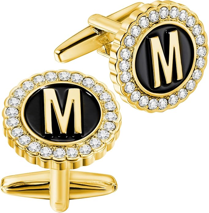 HAWSON A-Z Initial Cufflinks for Men and Women with Clear Crystal, Gold Silver Color Rasied Letter A-Z Cuff Links for French Shirt, Gift for Normal and Business Wearing