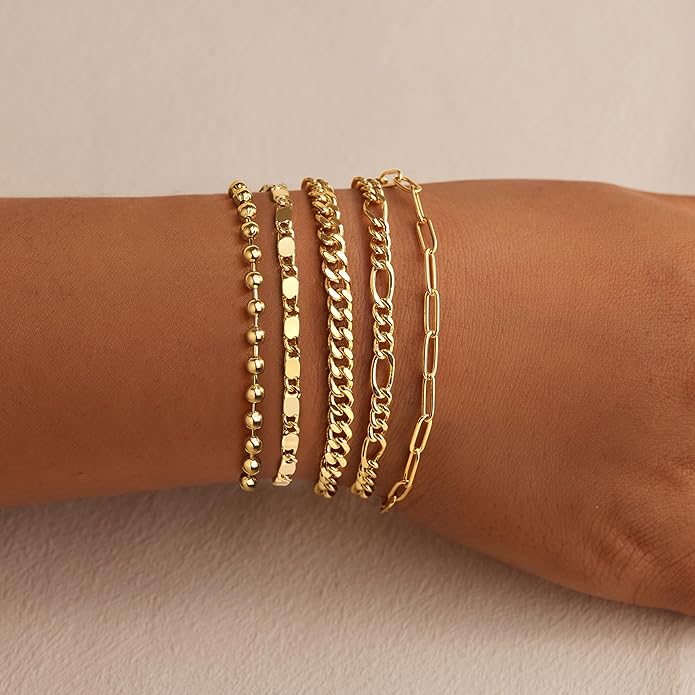 Gold Bracelets for Women Trendy,14K Gold Plated Dainty Stackable Paperclip Cuban Link Chain Bracelets, Simple Cute Cuff Bracelets Jewelry Set Adjustable 7"+2"