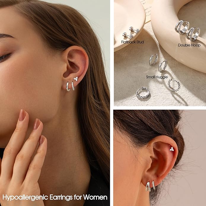 BESTEEL Small Hoop Earrings for Women - Hypoallergenic 14K Gold Plated Surgical Steel Chunky Huggie Earings Stacks Set Dainty Cute Cartilage Flat Back Stud Jewelry Trendy Gift 4 Pairs