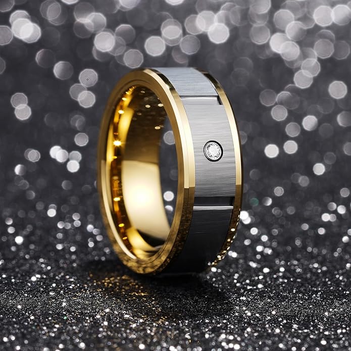 King Will Mens Tungsten Wedding Band with Cubic Zircon Inlay 7mm/8mm Flat Cut Comfort Fit Engagement Rings