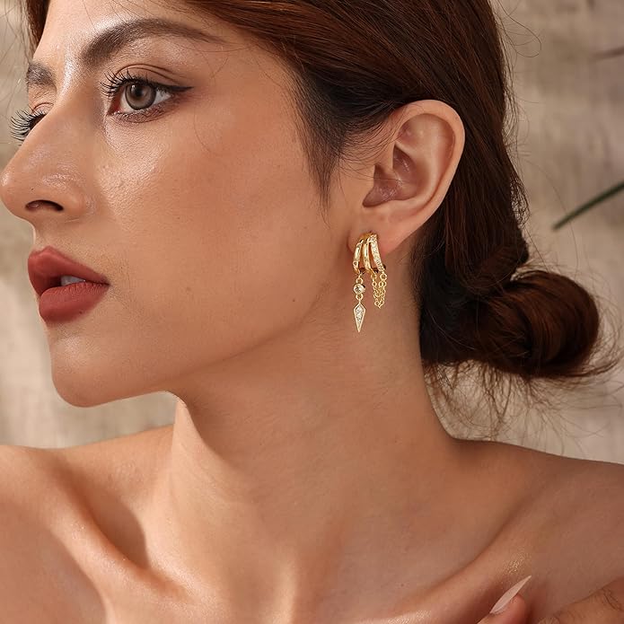 Dangle Earrings for Women,14k Gold Plated Triple Huggie Stud Earrings Dainty Drop Earrings for Women Trendy Gold Statement CZ Long Chain Earrings Non Tarnish Jewelry