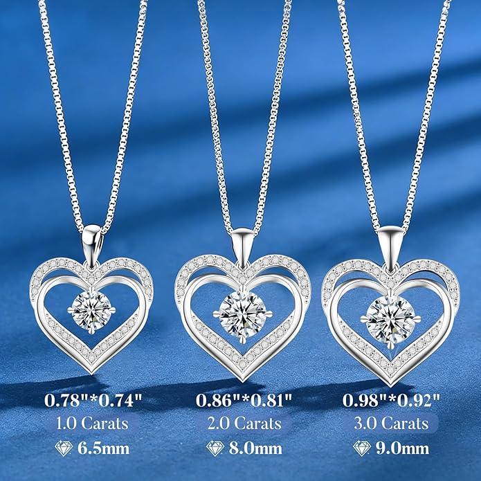 Moissanite Necklace for Women, 1–3 Carat Double Heart Pendant in 925 Sterling Silver, Romantic Love Necklace Gift for Wife or Mom, Anniversary Birthday Mother’s Day Jewelry