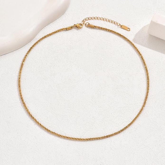 Gold Chain Necklace for Women Dainty 18K Gold Plated Thin Satellite Beaded Turquoise Necklace Simple Gold Boho Jewelry