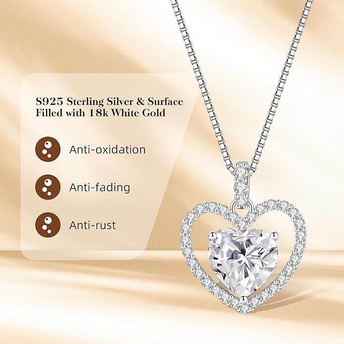 2CT Moissanite Heart Necklace for Women Wife in Gift Box,S925 Sterling Silver Jewelry for Women,Anniversary Birthday Present for Wife Her Girlfriend,18K Gold/White Gold Filled