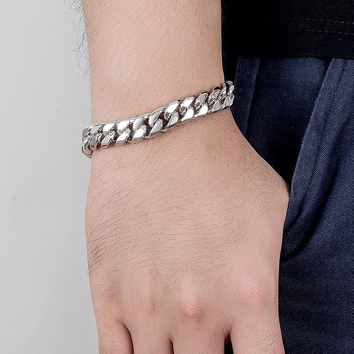 Fashion 925 Sterling Silver Solid Miami Cuban Link Chain Bracelet 8MM-12MM-14MM Curb Cuban Solid Thick Big Link Bracelet For Men 7-10 Inch Jewelry Gift