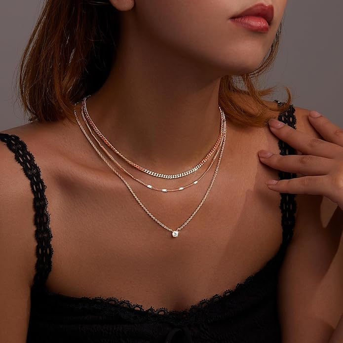 WomenGifts Layered Gold Necklaces for Women, 14K Gold Sterling Silver Plated Dainty Pendant Necklace Set with Cubic Zirconia Circle, Chunky Stackable Cuban Chain Choker, Trendy Personalized Birthstone Jewelry Gift Non Tarnish