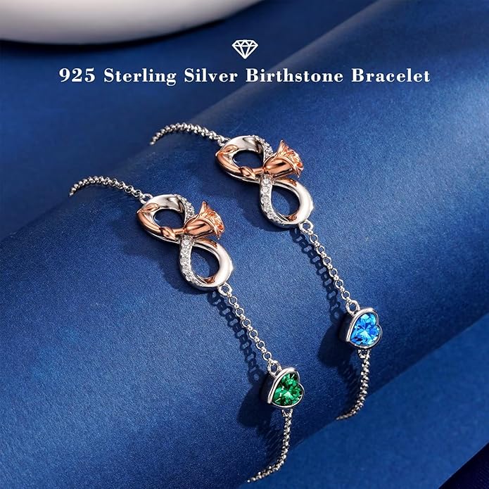 Iefil Infinite Rose Birthstone Bracelet for Women, 925 Sterling Silver Charm Link Birthstone Bracelet, Anniversary Birthday Gifts for Women, Mothers Day Valentines Christmas Gifts for Wife Girlfriend