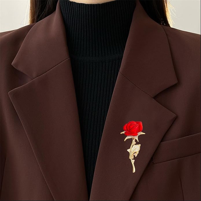 Just Follow Red Rose Flower Brooch with Rhinestones Sparkling Floral Pin for Women Vintage Blazer Jacket Dress Hat Scarf Accessory