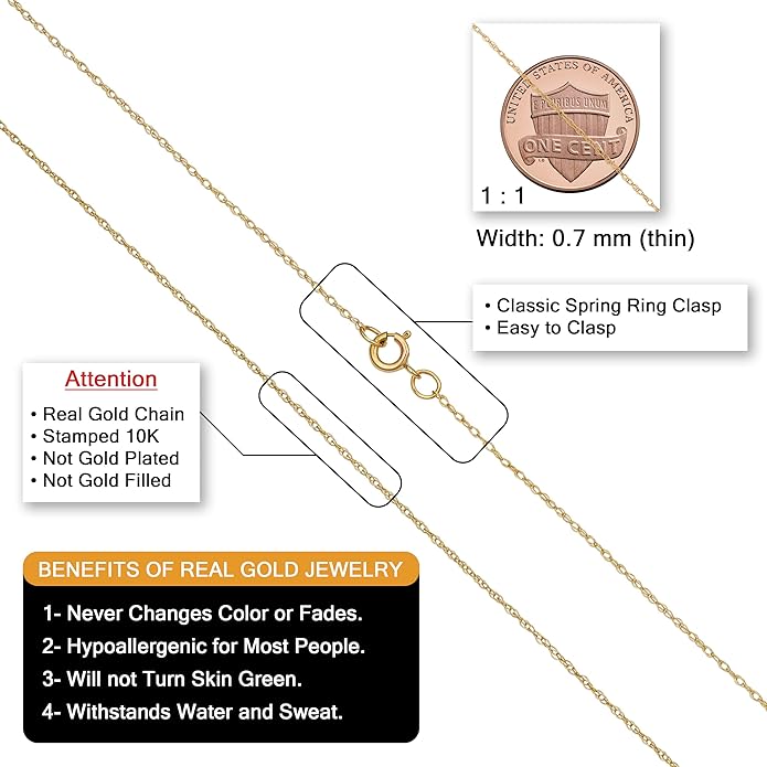Kooljewelry Womens Classic Rope Chain - 10k Yellow Gold Barely-There Necklace, Thin Lightweight