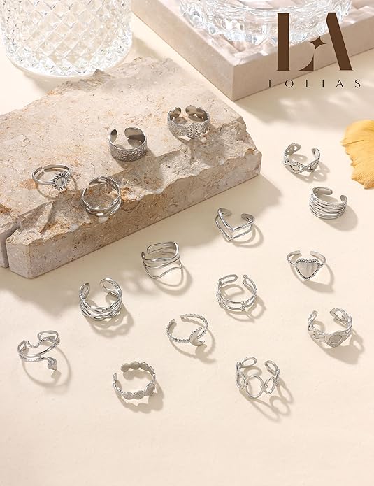 LOLIAS 16Pcs Stainless Steel Rings for Women Chunky Silver Rings Non Tarnish Stackable Ring Open Adjustable Thumb Finger Statement Rings Set