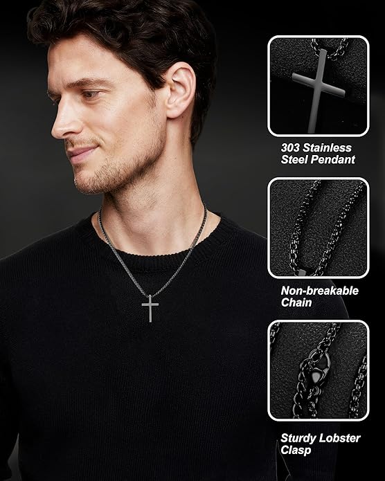 TEN MIRO Silver/Black Cross Necklace for Men Boy Stainless Steel Cross Pendant Necklace for Men Christian Religious Jewelry with Box & Card Birthday Anniversary Christmas Father's Day Gifts for Him