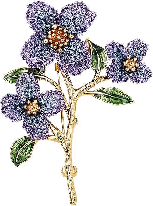 Forget me not Flower Brooch Handmade Gold Thread Embroidered and hand-Drip Enamel leaf, Gradient Botanical Floral Brooch pins for women, SHE'S FREE STYLE JUST FOR YOU [Bencao Gangmu Series]Vintage Plant Jewelry