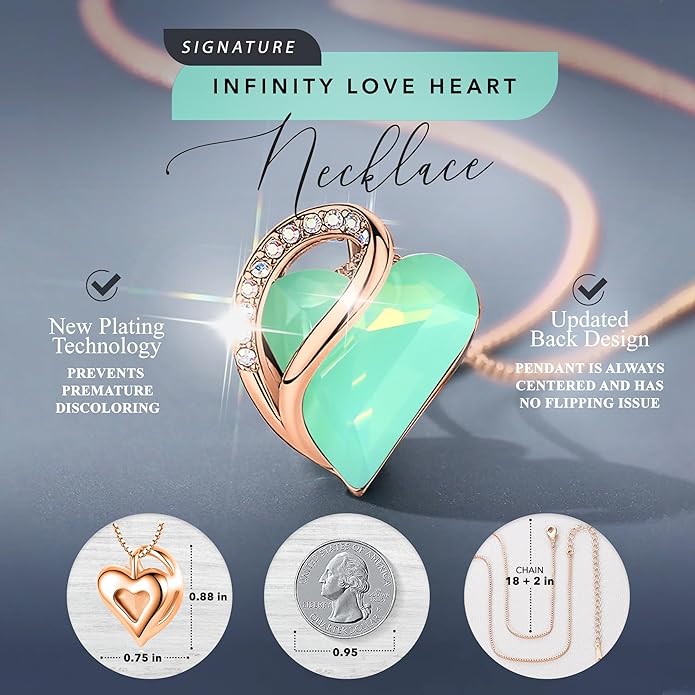 Leafael Rose Gold Plated Necklace for Women: Heart Shaped Birthstone/Healing Crystals Center, Dazzling Cubic Zirconia, Hypoallergenic Chain (18"+2"), Jewelry Gifts for Anniversaries and Birthdays