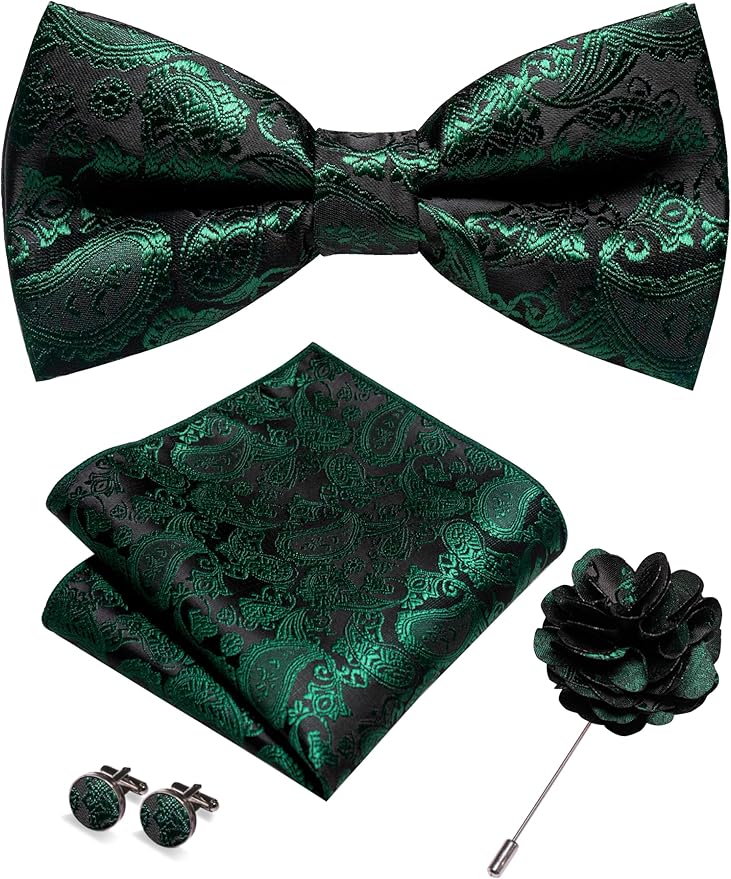 JEMYGINS Paisley Pre-tied Bow Tie and Pocket Square Cufflinks Lapel Pin Sets for Men 4PCS