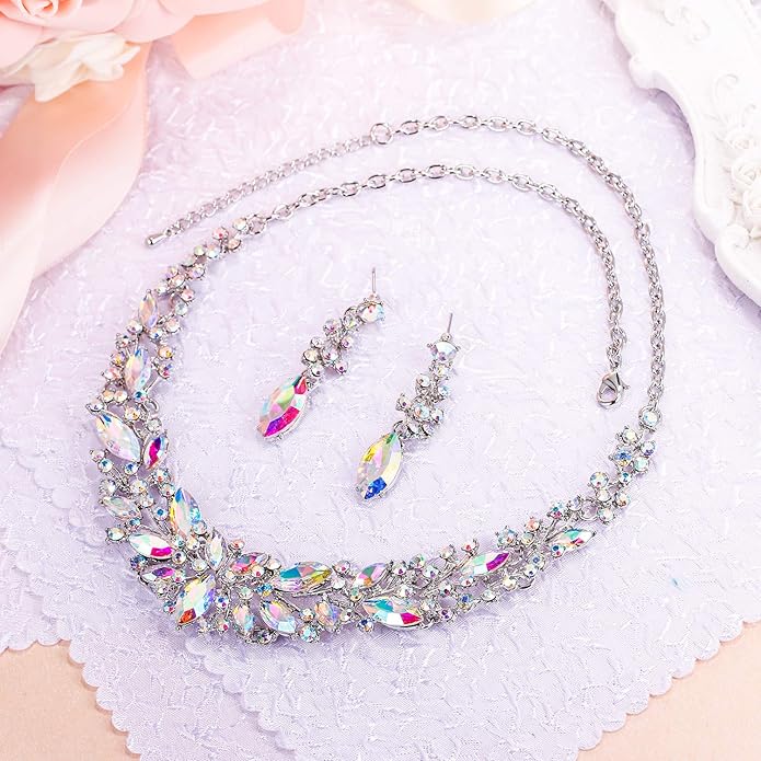 BriLove Women's Wedding Bridal Austrian Crystal Marquise Cluster Collar Necklace Dangle Earrings Set