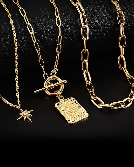 MJartoria Layered Initial Necklaces for Women Trendy, 14K Gold Plated Brass Simple Star Choker Square Letter Pendant Necklace, Paperclip Chain Necklaces Jewelry Gifts