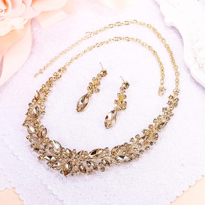 BriLove Women's Wedding Bridal Austrian Crystal Marquise Cluster Collar Necklace Dangle Earrings Set