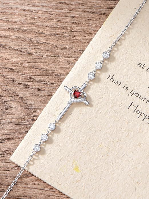 Cross Birthstone Charm Link Bracelet 925 Sterling Silver Cross Bracelet with 12 Months Birthstone Religious Christian Jewelry Gifts for Women Mom Her,Chain Length 7"+2" Extend