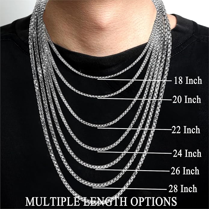 IGOBATA Stainless Steel Round Box Link Chain Necklace 2mm/2.5mm/3mm/4mm/5mm Silver Tone Hypoallergenic Jewelry for Men and Women with Lobster Clasp 16 to 30 Inch