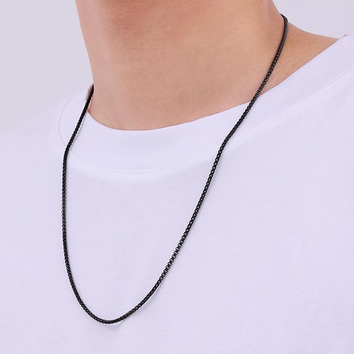 Fiusem Box Chain for Men, Silver Tone/14K Gold Plated/Black Stainless Steel Necklace for Men and Women, Width 2/2.5/3/4/5mm, Length 18-28 Inches