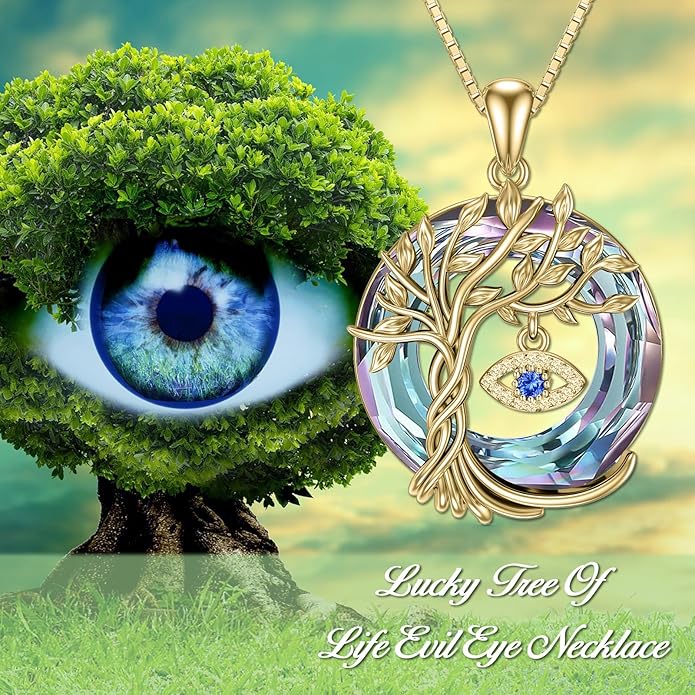 TOUPOP Evil Eye Necklace 925 Sterling Silver Tree of Life Circle Crystal Pendant Necklace Protection Jewelry Amulet Christmas Gifts for Women Her