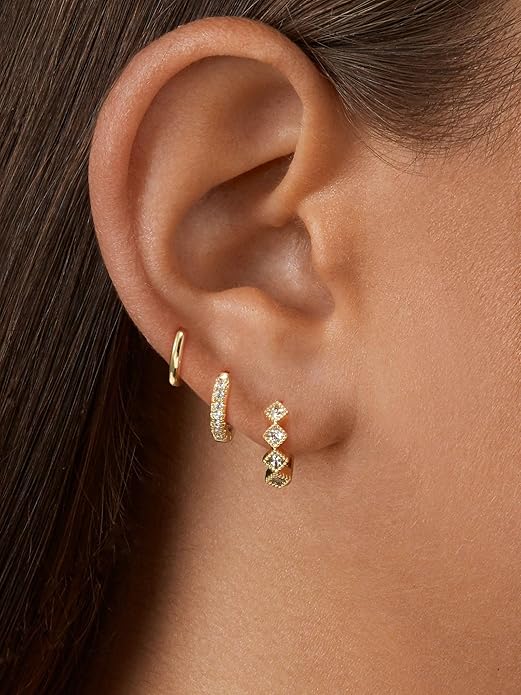Gold Hoop Earrings Set for Women Trendy, 14K Gold Plated Chunky Hypoallergenic Small Diamond Cartilage Hoops Cute Cubic Zirconia Dangle Stud Earrings Jewelry Gifts