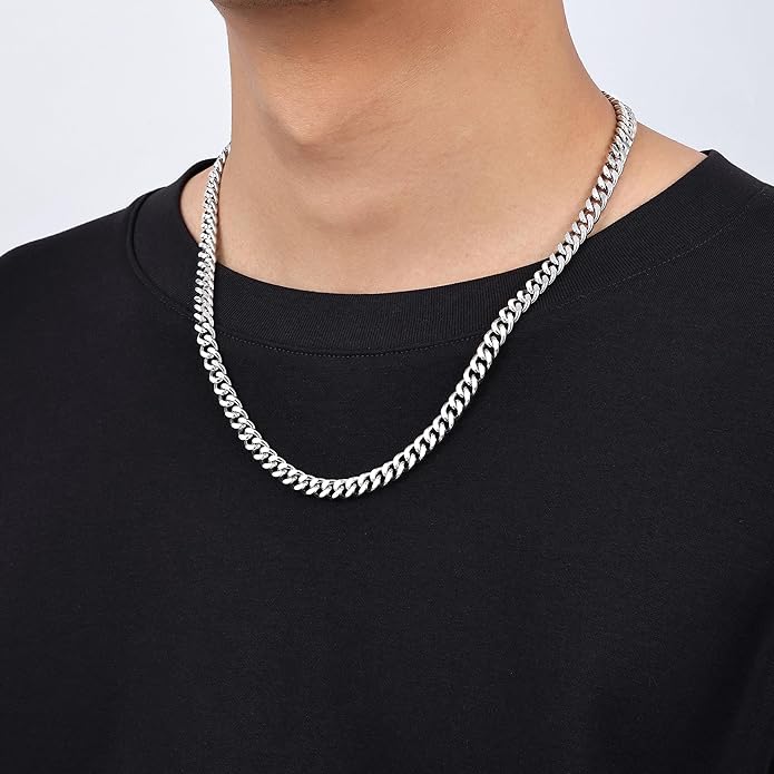 Fiusem Valentines Day Gifts for Him Silver Tone/Black/14K Gold Plated Chain Necklace for Men, 5mm/6mm/7.5mm/8mm/9mm Stainless Steel Cuban Link Chain Necklace, Men's Chains 18-28 Inch Jewelry Gifts