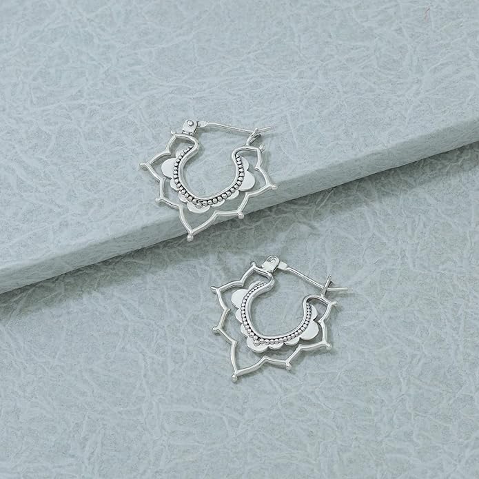 Boma Jewelry Sterling Silver Bomhemian Flower Snap Down Closure Hoop Earrings