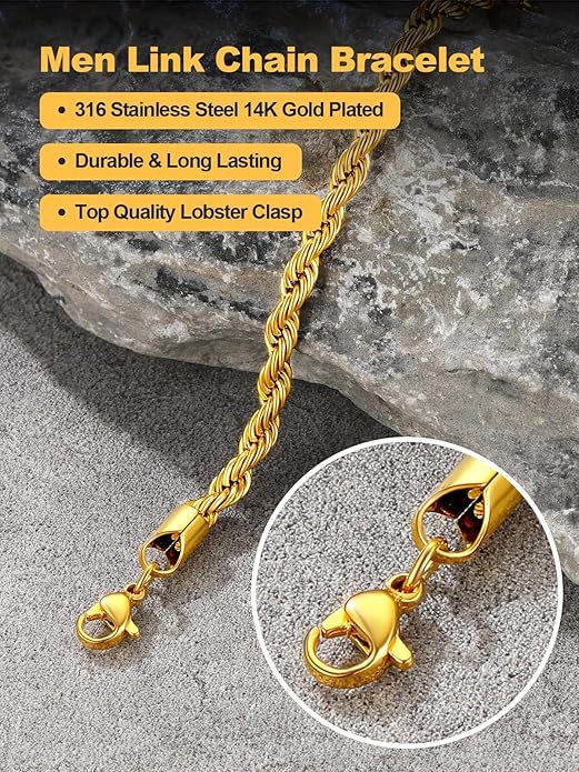 U7 Link Bracelets for Men, Cuban Link/Rope/Watch Band Solid Bracelet, Silver Black Gold Color Wrist Bracelet 3/6/9/12/15mm Width, 6.5/7.5/8.3 Inch Length, Hand Chain Jewelry for Mens Women
