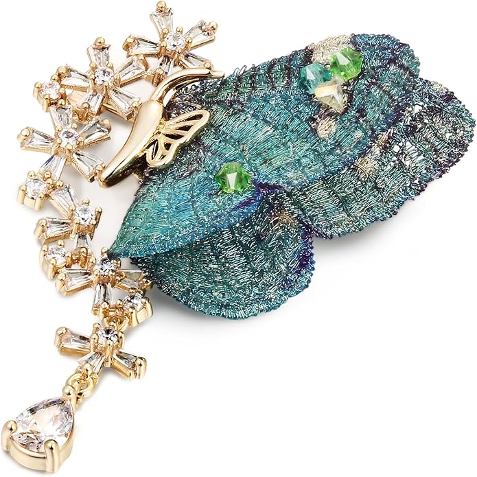 Handmade Embroidery Flower Brooch Pins for Women, SHE'S FREE STYLE JUST FOR YOU Luxury Gradient Stitching Floral Brooch Pins with Crystal stamen, Enamel Metal Butterfly with Green Leaves, Hand Dripping Oil Jewelry pins
