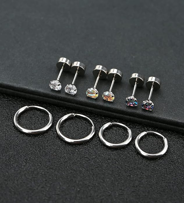 MJust Titanium Earrings for Sensitive Ears 20G Hypoallergenic Stud Hoop Earrings for Women Men Opal Ball CZ Heart Pearl Flat Back Earrings Cartilage Earrings Set