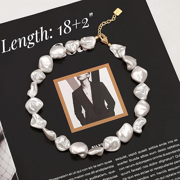 Chunky Statement Stone Beaded Necklace, Big Baroque Pearl Gold Choker, Trendy Boho Colorful Stone Jewelry