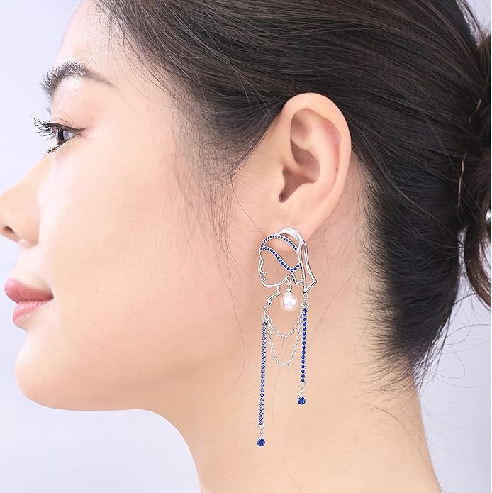 Unique Abstract Face Art | Dangle Statement Long Earrings for Women | Rhinestone Tassel Handmade Chandelier Earrings