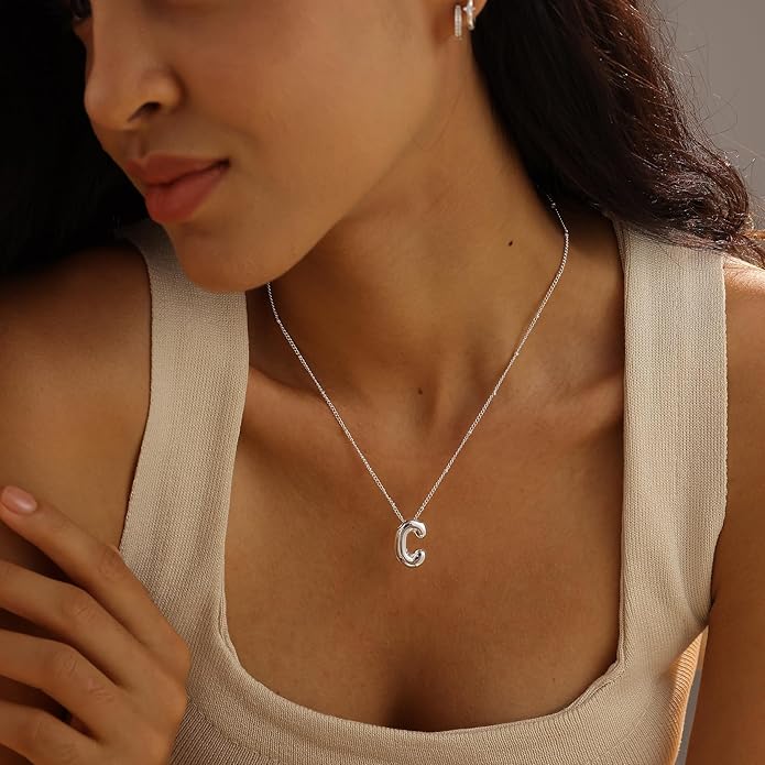 Initial Necklaces for Women, 14k Gold Plated Bubble Letter Necklace Chunky Gold Necklace Dainty Charm Initial Necklaces for Women Trendy Custom Preppy Stocking Stuff Necklace Christmas Gifts