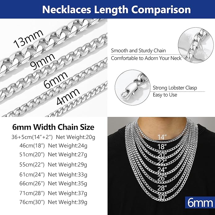 PROSTEEL 316L Stainless Steel Cuban Link Chain Necklaces for Men, Black/18K Gold Plated, Hypoallergenic Jewelry, 4mm-13mm, 14"-30", Come with Box