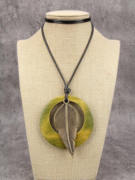 Long Boho Necklaces for Women Vintage Leather Wooden Pendant Y Choker Ethnic Style Gold Circle Hippie Sweater Necklace