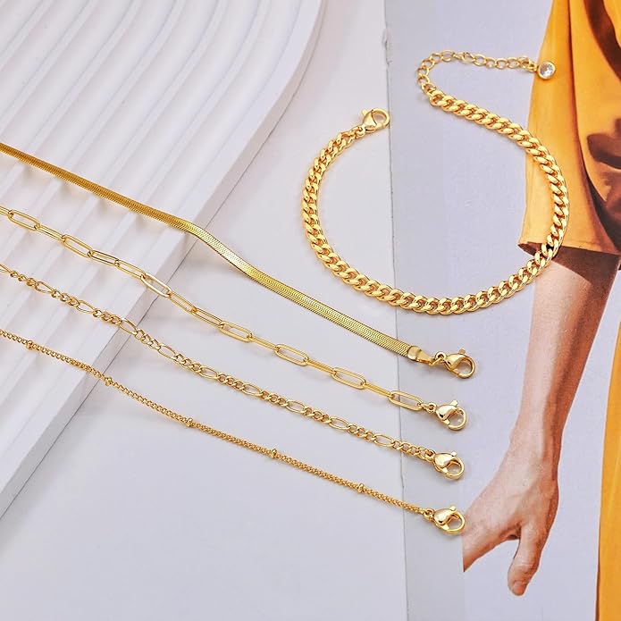 DEARMAY 14K Gold Plated Bracelets for Women Waterproof, Jewelry Sets Trendy Thin Dainty Stackable Cuban Link Paperclip Chain Bracelet Pack Fashion Accessories Gifts for Womens