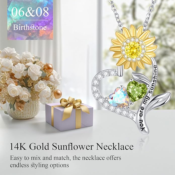PERJI Valentine's Day Gifts for Women - 925 Sterling Silver Double Birthstone Sunflower Necklace, Anniversary Birthday Jewelry You are My Sunshine Gifts for Wife Couple Girlfriend 18"+2" Non Tarnish