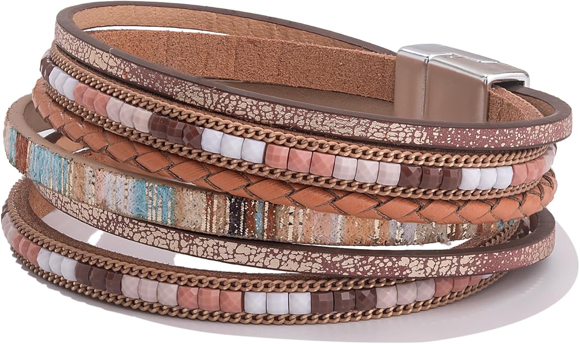 FANCY SHINY Boho Leather Wrap Bracelets Trendy Layered Bracelets with Magnetic Clasp Strackable Bohemian Jewelry Gifts for Women
