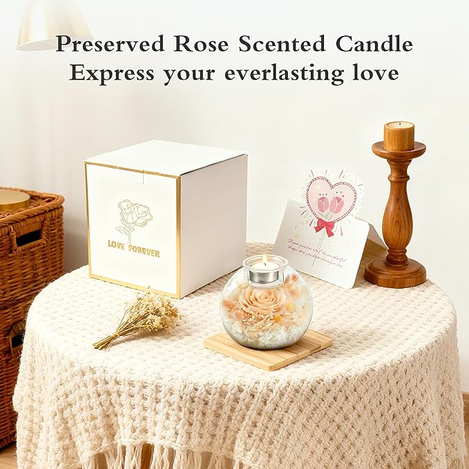 Forever Real Roses in Glass with Scented Candle, Christmas Gift Ideas Preserved Flower Christmas Gifts for Women Her Girlfriend Wife Mom on Valentines Birthday Anniversary Champagne