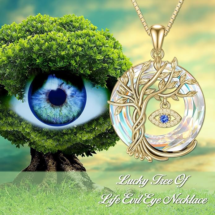 TOUPOP Evil Eye Necklace 925 Sterling Silver Tree of Life Circle Crystal Pendant Necklace Protection Jewelry Amulet Christmas Gifts for Women Her