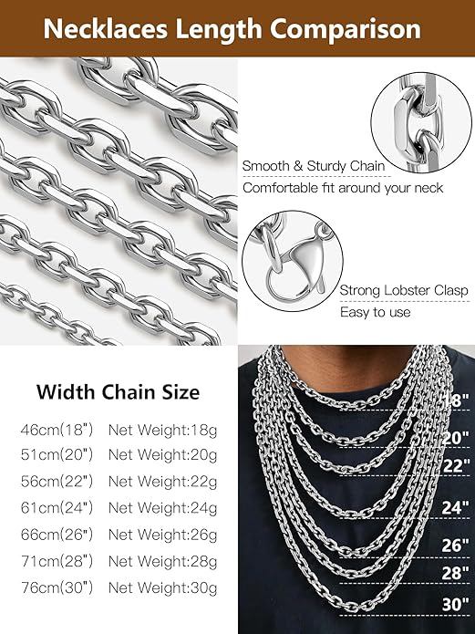 Hoyazvet Cable Chain Stainless Steel Necklace for Men Women, 3/5/8/10/13MM Width, 18K Gold Plated/Black Metal/316L Stainless Steel Sturdy Rolo Link Chain Necklace, 18-30inch Length