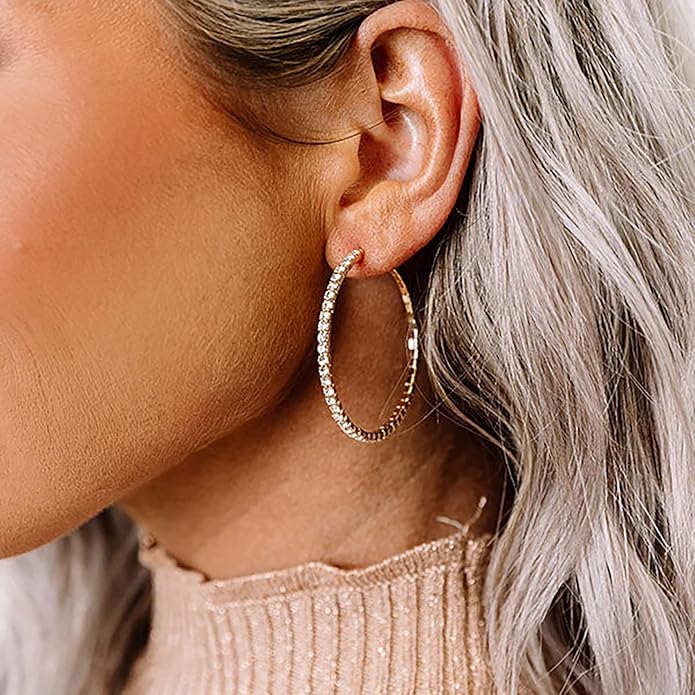 925 Sterling Silver Earrings Large Rhinestone Hoop Earrings Big Cubic Zirconia Hoop Earrings Thin Rhinestones Round Hoop Earrings for Women 20/30/40/50/60/70mm Sparkly Hoops With Crystals for Womens