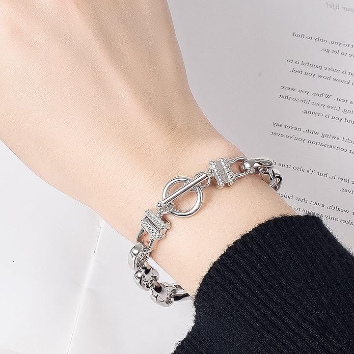 H&Beautimer Solid 925 Silver Bracelet Italian Handmade 0.35/0.4 Inch Box Chain Bracelet for Men's 7,7.5,8,8.5,9,9.5,10 Inch Hip Hop Style Jewelry