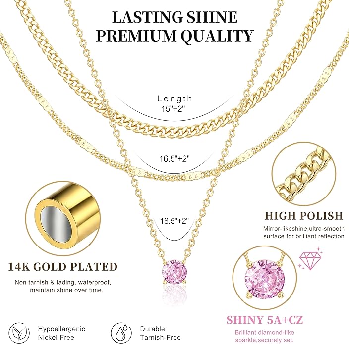 WomenGifts Layered Gold Necklaces for Women, 14K Gold Sterling Silver Plated Dainty Pendant Necklace Set with Cubic Zirconia Circle, Chunky Stackable Cuban Chain Choker, Trendy Personalized Birthstone Jewelry Gift Non Tarnish