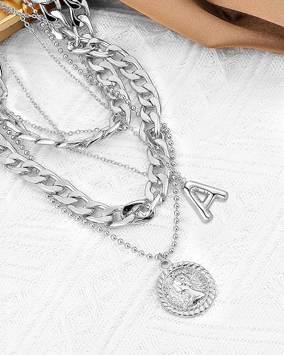 MJartoria Layered Necklaces for Women Trendy Balloon Initial Coin Pendant Necklace Dainty Chunky Chain Choker Necklaces Jewelry Birthday Gifts
