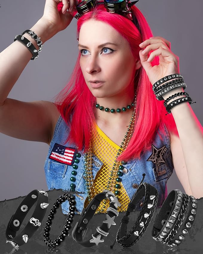 Hicarer 9 Pieces Spiked Studded Bracelet Black Leather Rivet Punk Bracelet Cuff Wrap Bangle Snap Button Metal Wristband for Men Women