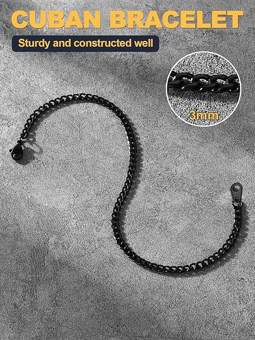 U7 Link Bracelets for Men, Cuban Link/Rope/Watch Band Solid Bracelet, Silver Black Gold Color Wrist Bracelet 3/6/9/12/15mm Width, 6.5/7.5/8.3 Inch Length, Hand Chain Jewelry for Mens Women