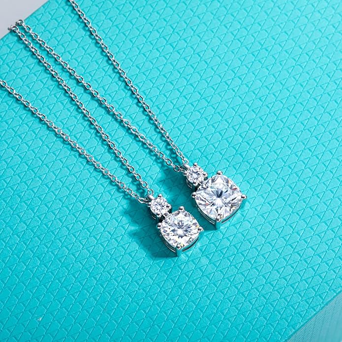 AnuClub Cushion Cut Moissanite Pendant Necklace D Color VVS1 925 Sterling Silver Refined Daily Necklace for Women with Certificate, 40+2+3cm Adjustable Chain